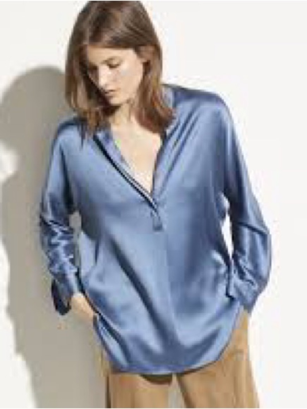 Vince Silk Satin Blue Long Sleeve V-Neck Blouse Sz Small